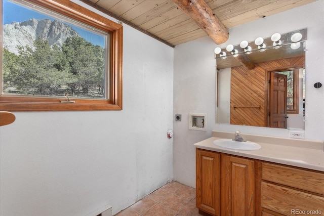 16715 Shadow Ln, Nathrop, CO 81236 - bathroom featuring a wooden ceiling with exposed beams and vanity