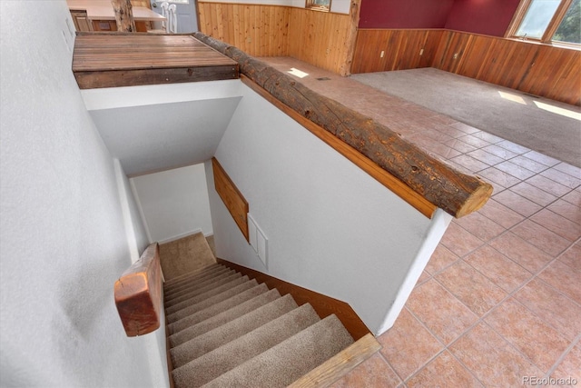16715 Shadow Ln, Nathrop, CO 81236 - stairs featuring wood walls, a wainscoted wall, carpet, and tile patterned flooring