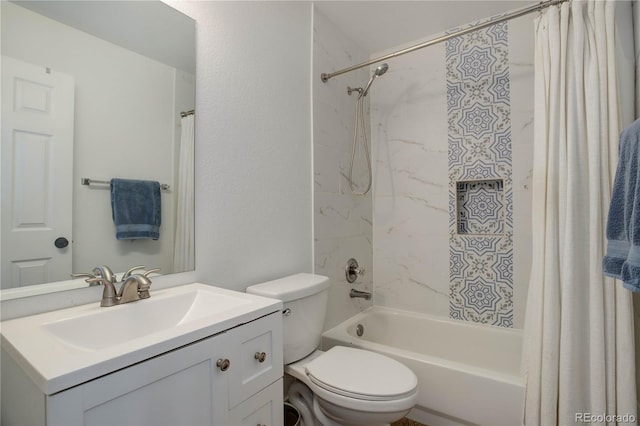 full bathroom featuring vanity, shower / bath combination with curtain, and toilet