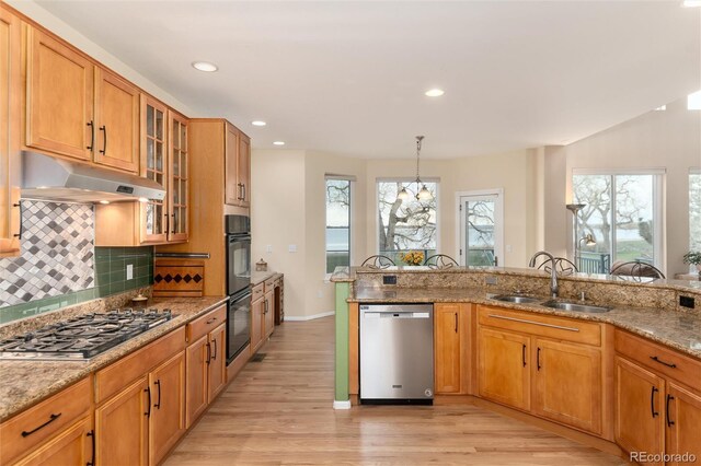 4814 S Upham Ct, Littleton, CO 80123 - kitchen featuring stainless steel appliances, under cabinet range hood, light wood-type flooring, backsplash, and light stone counters