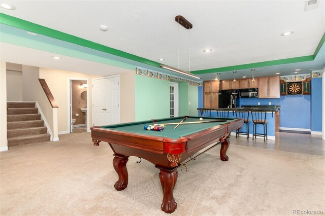 4814 S Upham Ct, Littleton, CO 80123 - rec room with light colored carpet, recessed lighting, billiards, and bar