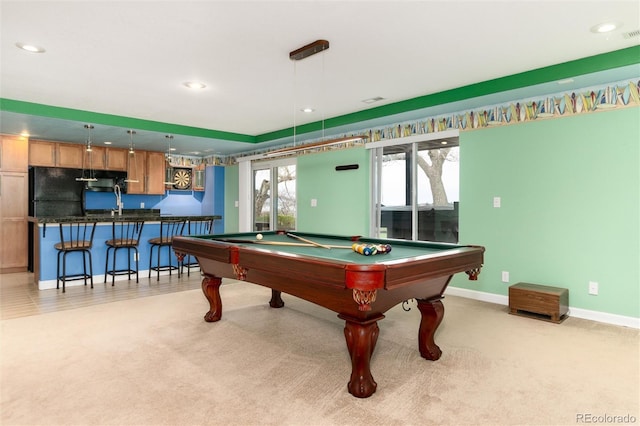 4814 S Upham Ct, Littleton, CO 80123 - rec room with billiards table, light carpet, recessed lighting, and bar area