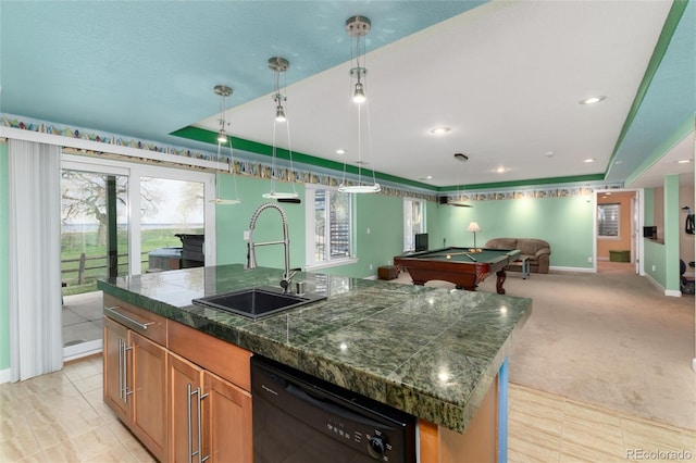 4814 S Upham Ct, Littleton, CO 80123 - kitchen with dishwasher, tile countertops, open floor plan, pendant lighting, and a raised ceiling