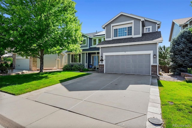 4814 S Upham Ct, Littleton, CO 80123 - view of front of house with brick siding, driveway, an attached garage, a front lawn, and a shingled roof