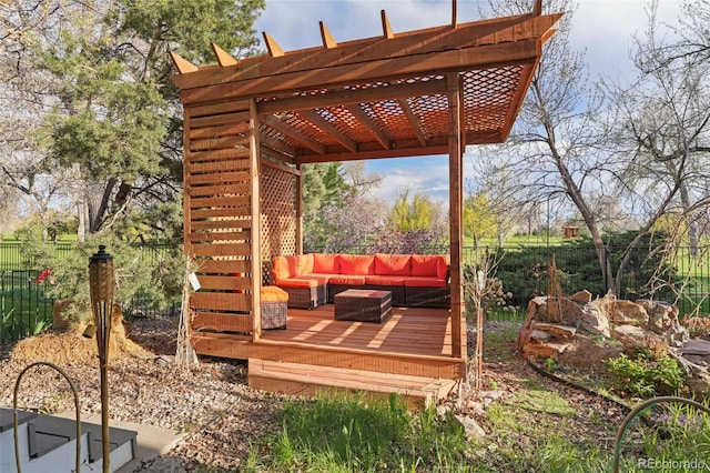 14084 E Hampden Pl, Aurora, CO 80014 - wooden terrace with a pergola, fence, and an outdoor living space