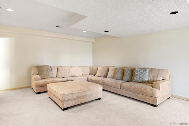 14084 E Hampden Pl, Aurora, CO 80014 - living room featuring light carpet, recessed lighting, and a textured ceiling