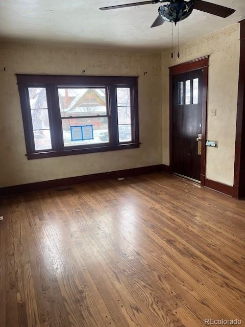 entrance foyer with hardwood / wood-style flooring and ceiling fan