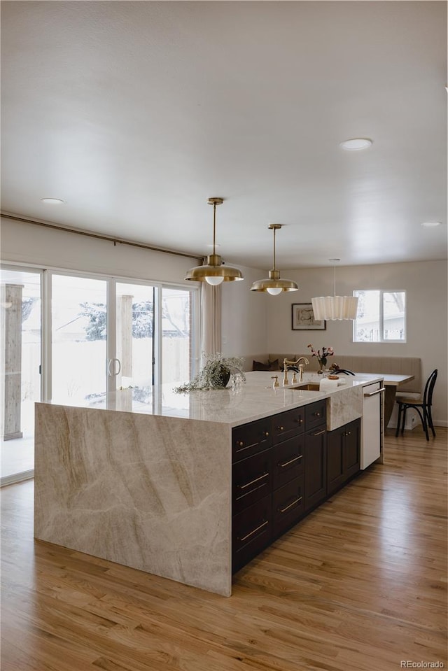 kitchen featuring dark brown cabinetry, sink, hanging light fixtures, light hardwood / wood-style flooring, and dishwasher