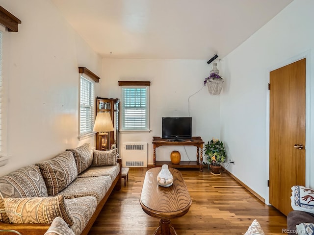 living room featuring hardwood / wood-style flooring and radiator