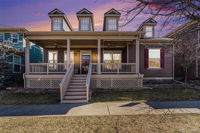 view of front facade featuring a porch and a ceiling fan