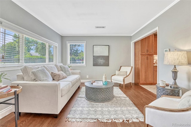 living room featuring ornamental molding and hardwood / wood-style flooring