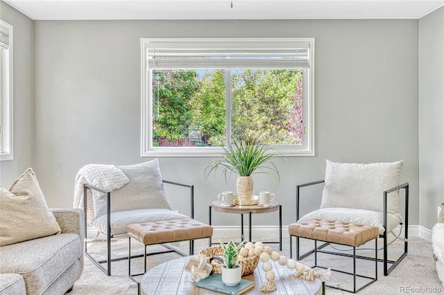 sitting room featuring light colored carpet