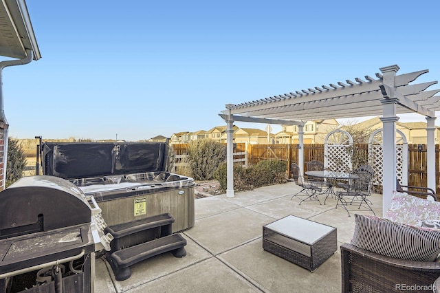 view of patio featuring outdoor dining area, a fenced backyard, area for grilling, a pergola, and a hot tub