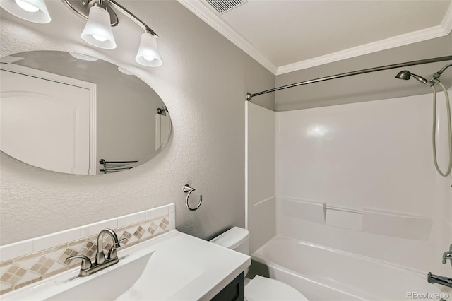 full bathroom featuring crown molding, shower / bathtub combination, a textured wall, toilet, and vanity