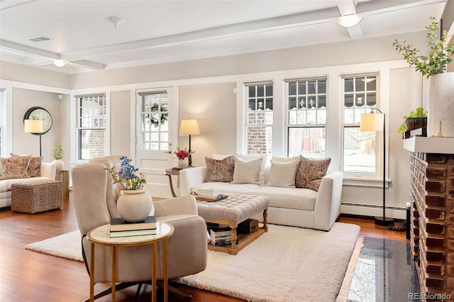 living room with a baseboard radiator, visible vents, coffered ceiling, and wood finished floors