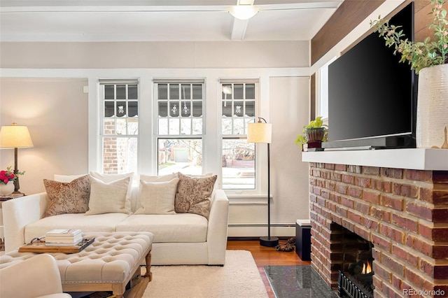 living room featuring a fireplace, baseboard heating, and wood finished floors