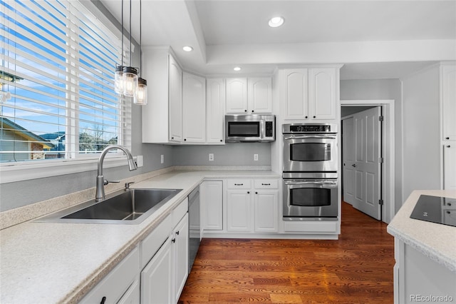 kitchen with sink, appliances with stainless steel finishes, hanging light fixtures, white cabinets, and dark hardwood / wood-style flooring