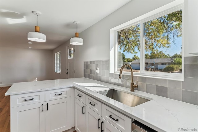 kitchen with hardwood / wood-style flooring, decorative light fixtures, sink, and a healthy amount of sunlight