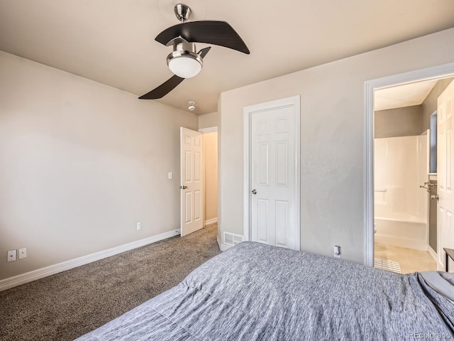 unfurnished bedroom featuring carpet, connected bathroom, and ceiling fan