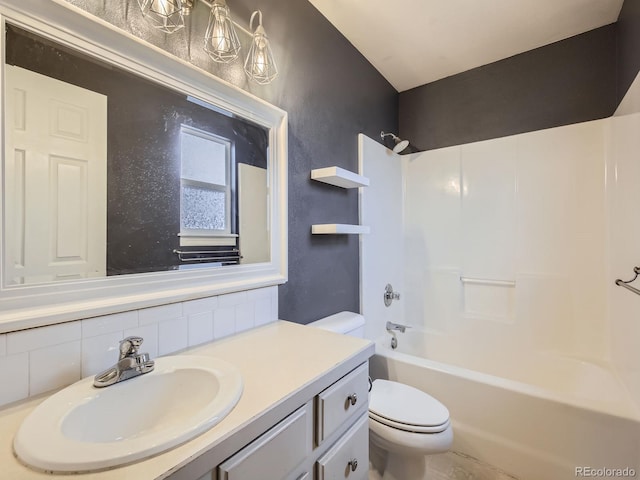 full bathroom featuring vanity, toilet, shower / bath combination, and decorative backsplash