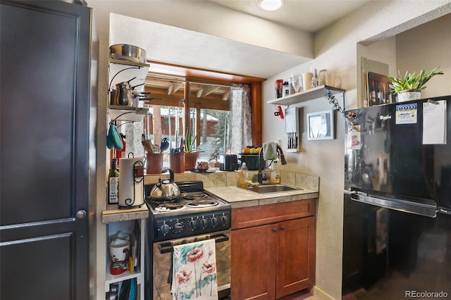 kitchen with plenty of natural light, electric stove, freestanding refrigerator, open shelves, and a sink