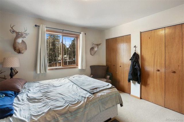 bedroom with two closets and light colored carpet