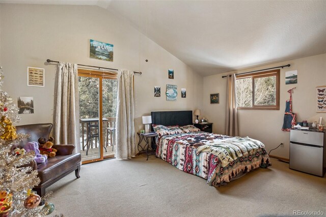 carpeted bedroom featuring stainless steel fridge, high vaulted ceiling, and access to outside