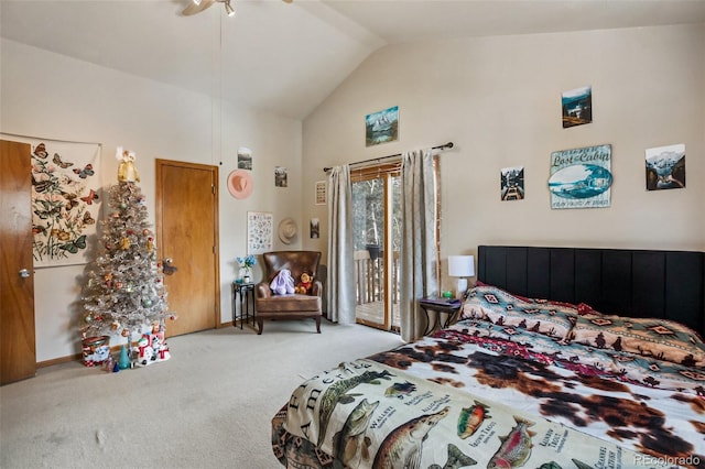 bedroom featuring high vaulted ceiling, carpet flooring, a ceiling fan, and access to exterior