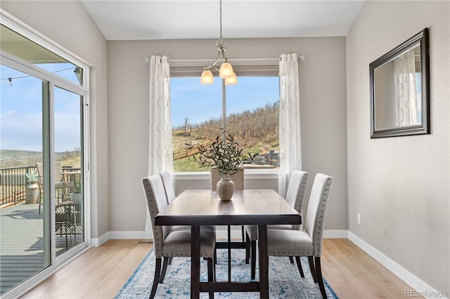 dining space featuring light wood-style floors, baseboards, and a healthy amount of sunlight