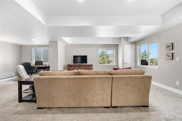 living area featuring recessed lighting, baseboards, light carpet, and baseboard heating