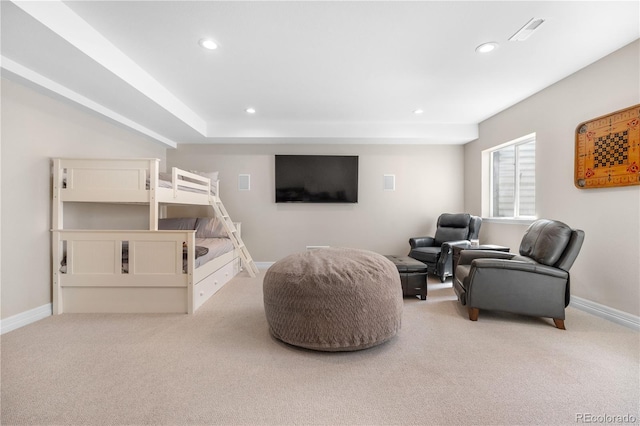 interior space featuring recessed lighting, baseboards, and light carpet