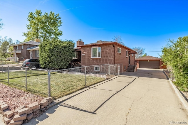 single story home featuring a chimney, a garage, brick siding, fence, and an outdoor structure