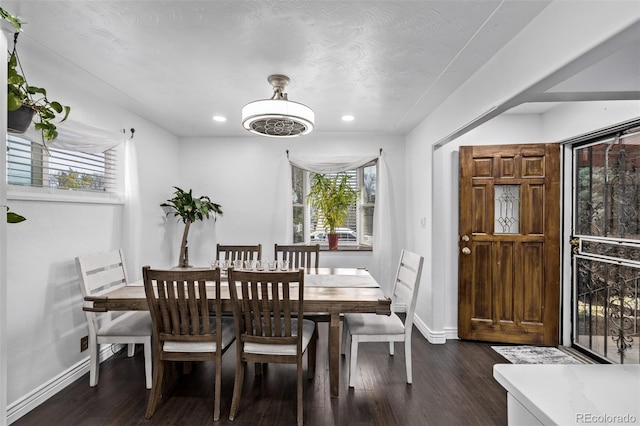 dining room featuring baseboards, recessed lighting, and dark wood-style flooring
