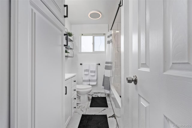 bathroom featuring vanity, marble finish floor, toilet, and shower / tub combo with curtain