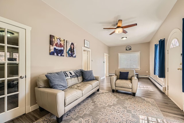 341 High St, Black Hawk, CO 80422 - living area featuring a ceiling fan, wood finished floors, baseboards, and a baseboard heating unit