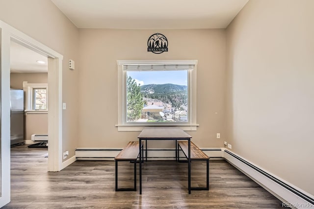 341 High St, Black Hawk, CO 80422 - dining space with baseboard heating, wood finished floors, a baseboard radiator, and a mountain view