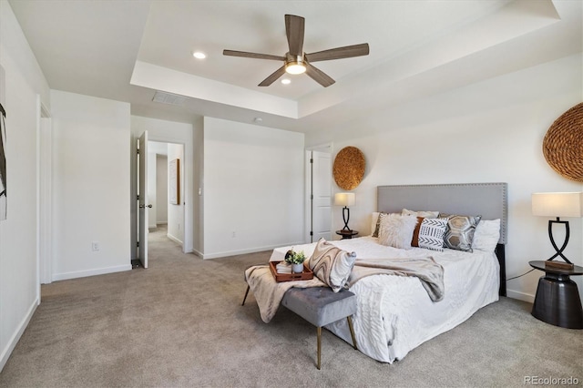 17848 Gallup St, Broomfield, CO 80023 - bedroom with a raised ceiling, carpet flooring, recessed lighting, and a ceiling fan