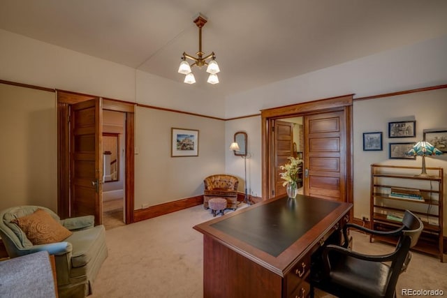 carpeted office featuring a chandelier