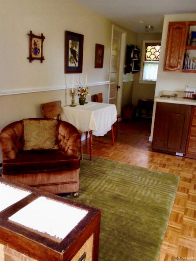 living room featuring light parquet flooring