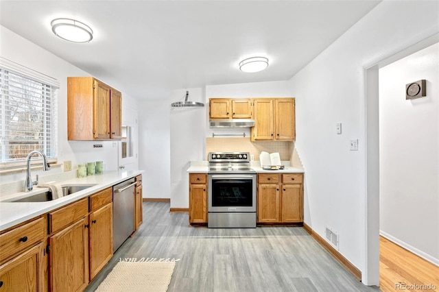 kitchen with backsplash, sink, stainless steel appliances, and light hardwood / wood-style flooring