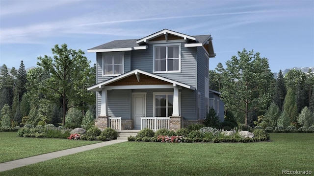 craftsman house with a front lawn and covered porch