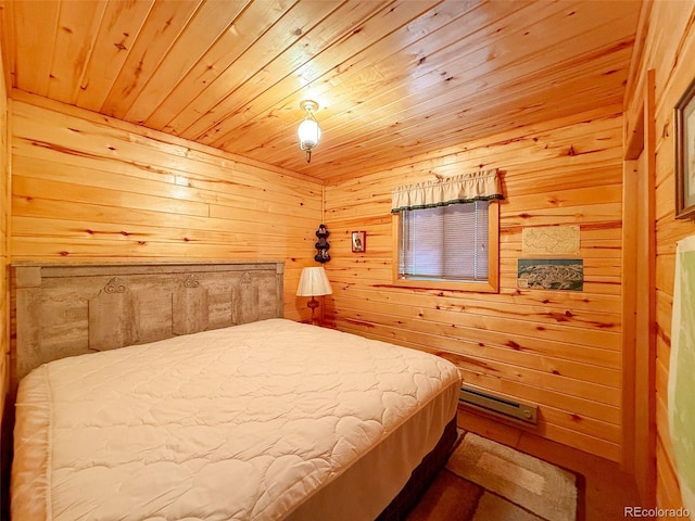 bedroom with wooden walls and wooden ceiling