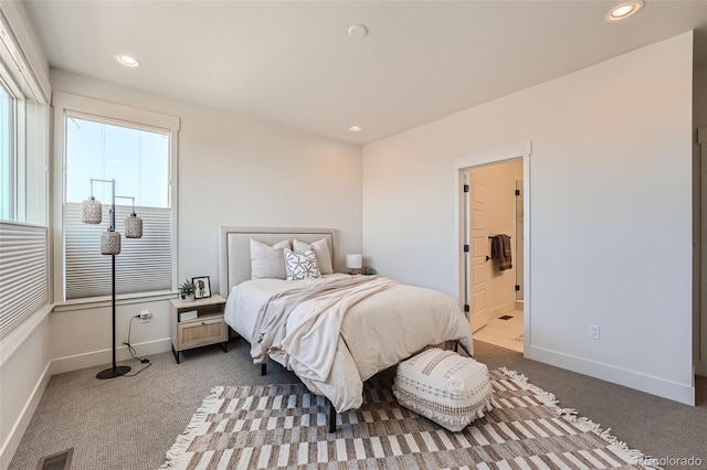 bedroom with carpet, visible vents, recessed lighting, and baseboards