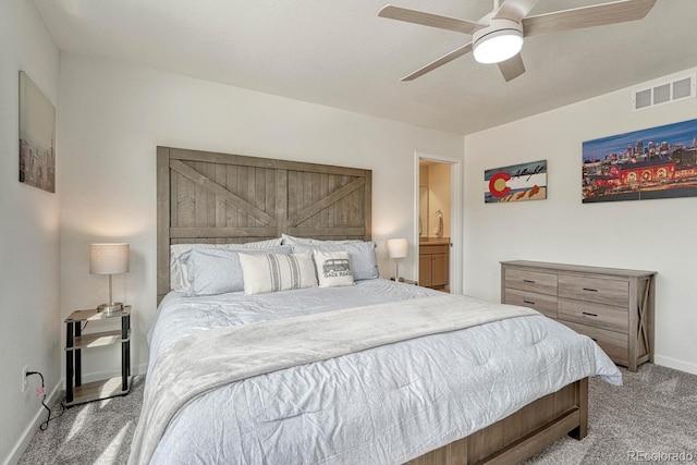 bedroom featuring a ceiling fan, visible vents, light carpet, and baseboards