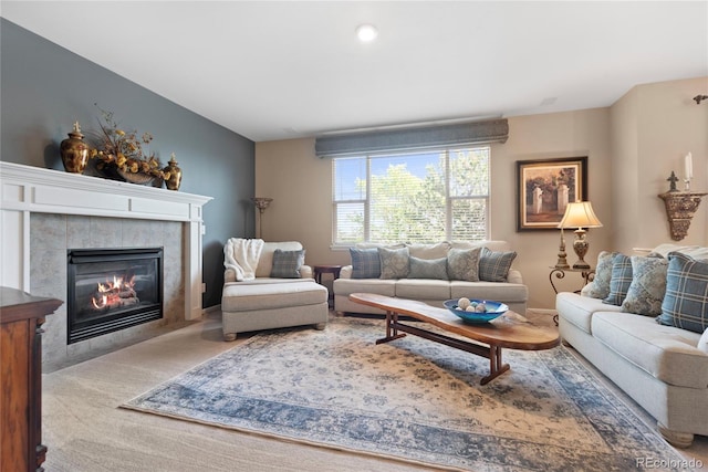 9290 Melborne Ct, Parker, CO 80134 - carpeted living area featuring a tiled fireplace
