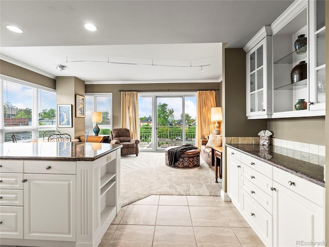400 E 3rd Ave Unit 305, Denver, CO 80203 - kitchen featuring open shelves, crown molding, light colored carpet, dark stone countertops, and light tile patterned flooring