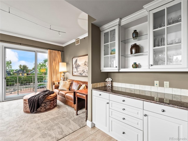 400 E 3rd Ave Unit 305, Denver, CO 80203 - living area with crown molding, light tile patterned floors, light colored carpet, and rail lighting