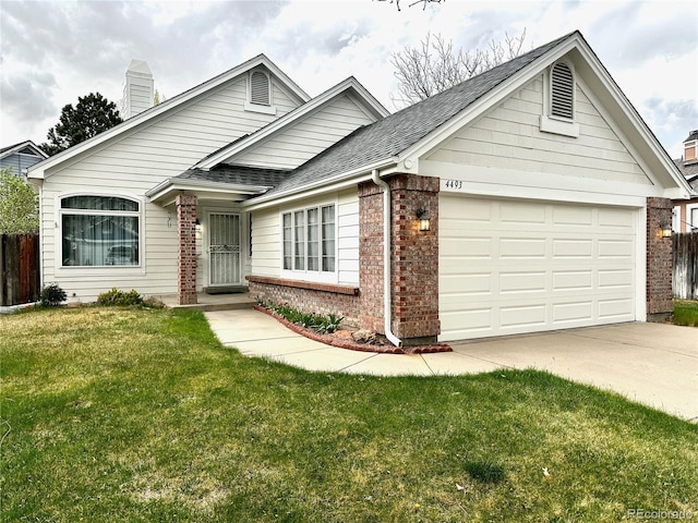 4493 Dunkirk Way, Denver, CO 80249 - traditional-style house with brick siding, a chimney, driveway, a garage, and roof with shingles
