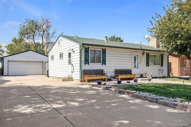 7891 Poplar St, Commerce City, CO 80022 - ranch-style home with an outdoor structure, a garage, a chimney, and a front yard
