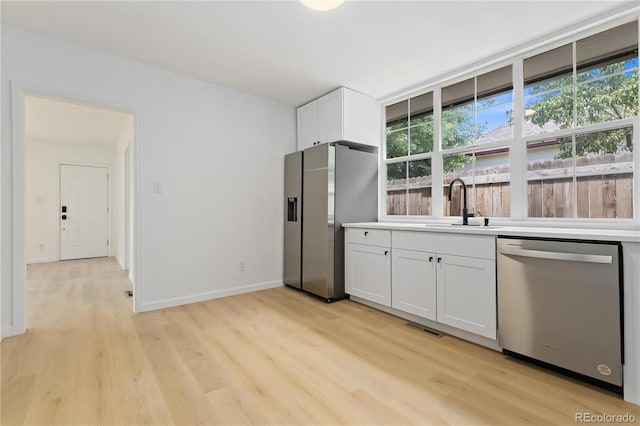 kitchen featuring sink, stainless steel appliances, white cabinetry, and light wood-type flooring